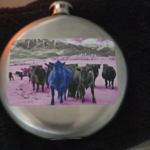 New 🆕 Silver Flask with Pink and Blue Cow Design So Darn Cute! 💖💕